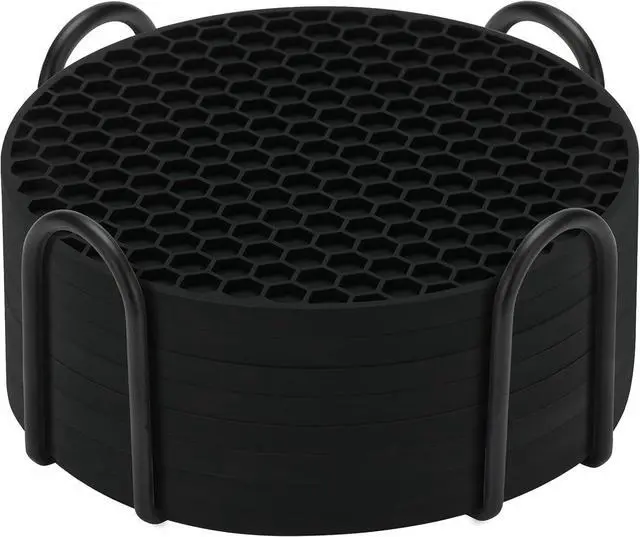 Main image of TWTLi 8-Pack Silicone Drink Coasters with Holder, Non-Slip Coaster Set for Coffee Table, Kitchen & Office, Protect Furniture from Water Rings, Heat & Spills, Black