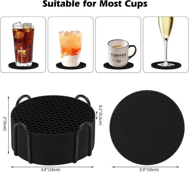 Alt view image 2 of 6 - TWTLi 8-Pack Silicone Drink Coasters with Holder, Non-Slip Coaster Set for Coffee Table, Kitchen & Office, Protect Furniture from Water Rings, Heat & Spills, Black