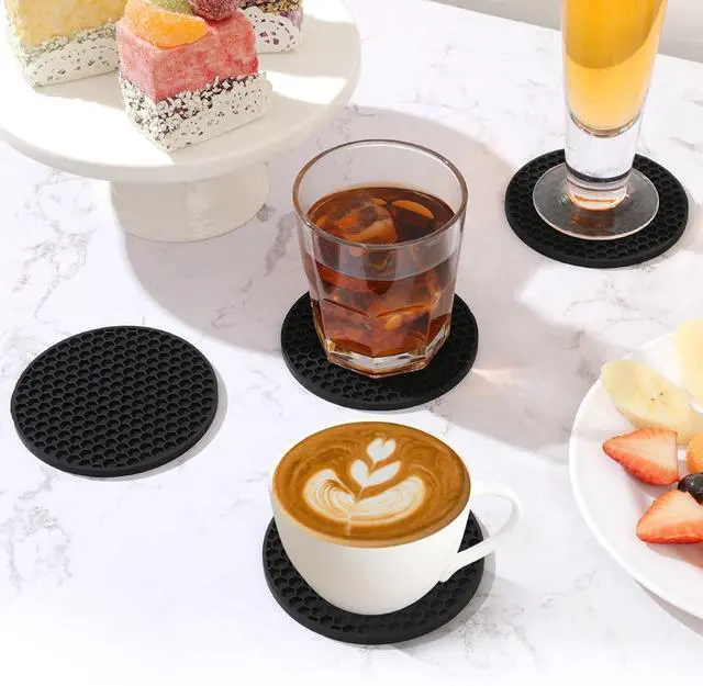 Alt view image 3 of 6 - TWTLi 8-Pack Silicone Drink Coasters with Holder, Non-Slip Coaster Set for Coffee Table, Kitchen & Office, Protect Furniture from Water Rings, Heat & Spills, Black