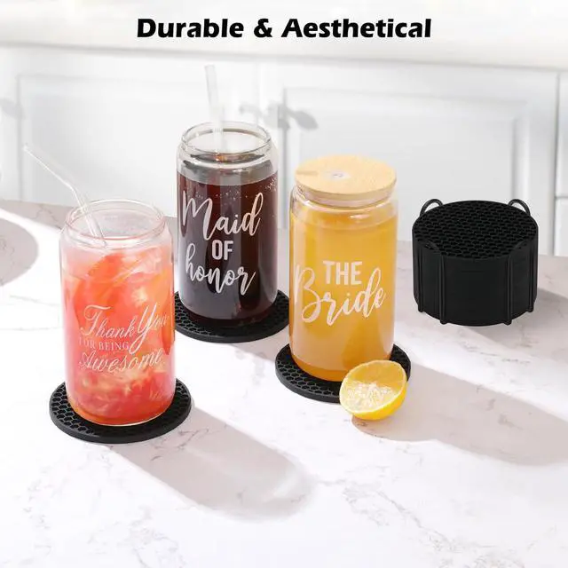 Alt view image 4 of 6 - TWTLi 8-Pack Silicone Drink Coasters with Holder, Non-Slip Coaster Set for Coffee Table, Kitchen & Office, Protect Furniture from Water Rings, Heat & Spills, Black