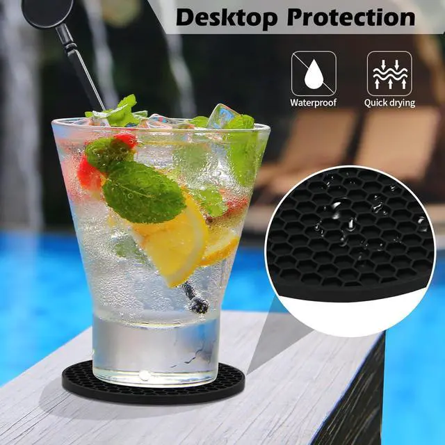 Alt view image 5 of 6 - TWTLi 8-Pack Silicone Drink Coasters with Holder, Non-Slip Coaster Set for Coffee Table, Kitchen & Office, Protect Furniture from Water Rings, Heat & Spills, Black