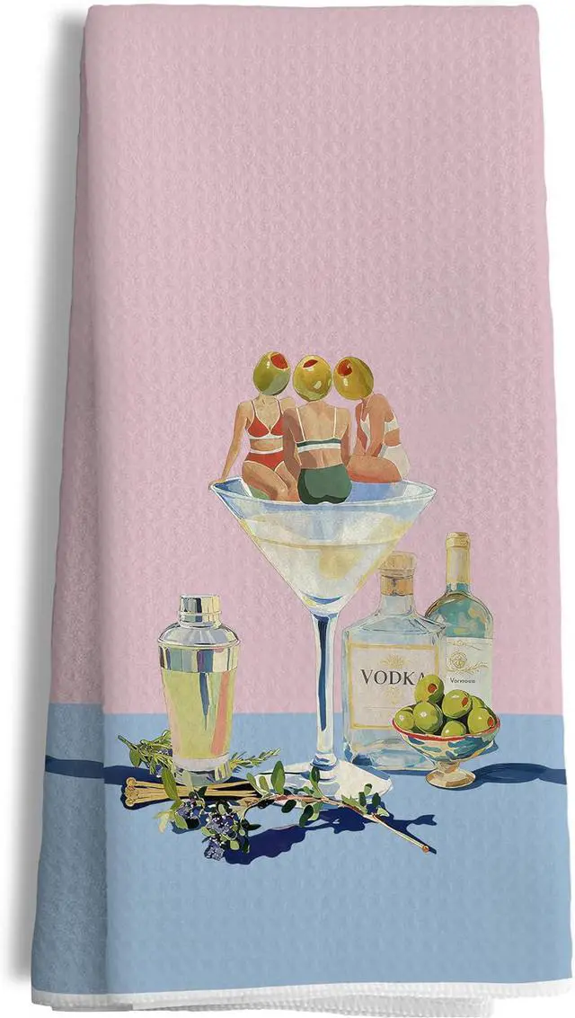 Main image of Funny Dirty Martini Bar Kitchen Towels Decorative, Cocktail Lovers Gifts Hand Tea Towels for Kitchen Bar Cart Pub Lounge, Whimsical Pink and Blue Dish Towel Dishcloth, 16x24 Inch