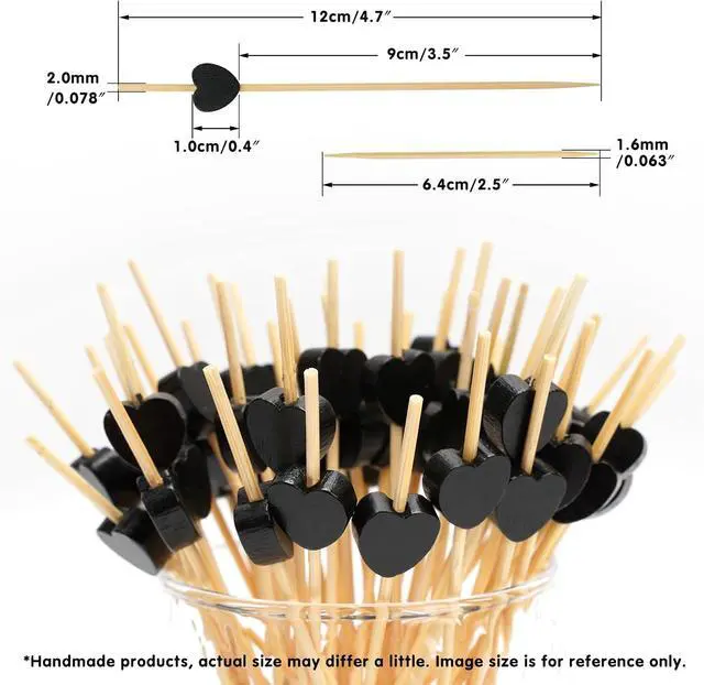Alt view image 2 of 7 - Minisland Black Heart Bamboo Cocktail Picks, Fancy Appetizer Toothpicks | 4.7 in Long Decorative Food Skewers, 100 ct. Great for Birthdays, Anniversaries, Milestone Parties, Galas, Halloween. MSL444