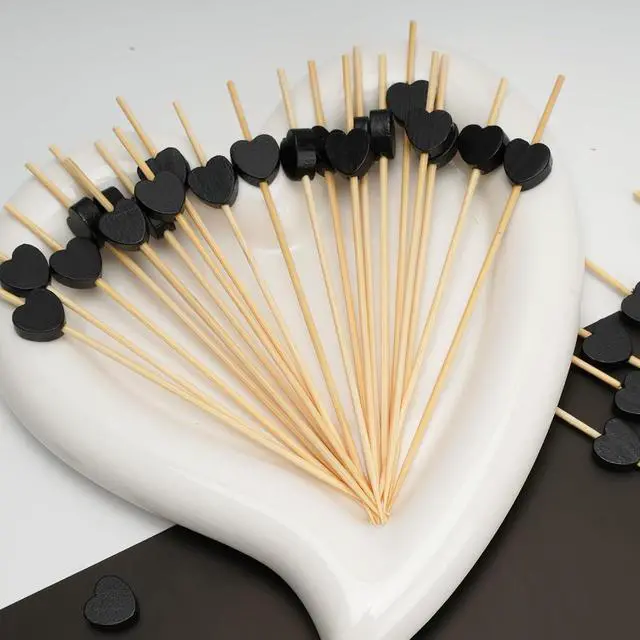 Alt view image 3 of 7 - Minisland Black Heart Bamboo Cocktail Picks, Fancy Appetizer Toothpicks | 4.7 in Long Decorative Food Skewers, 100 ct. Great for Birthdays, Anniversaries, Milestone Parties, Galas, Halloween. MSL444