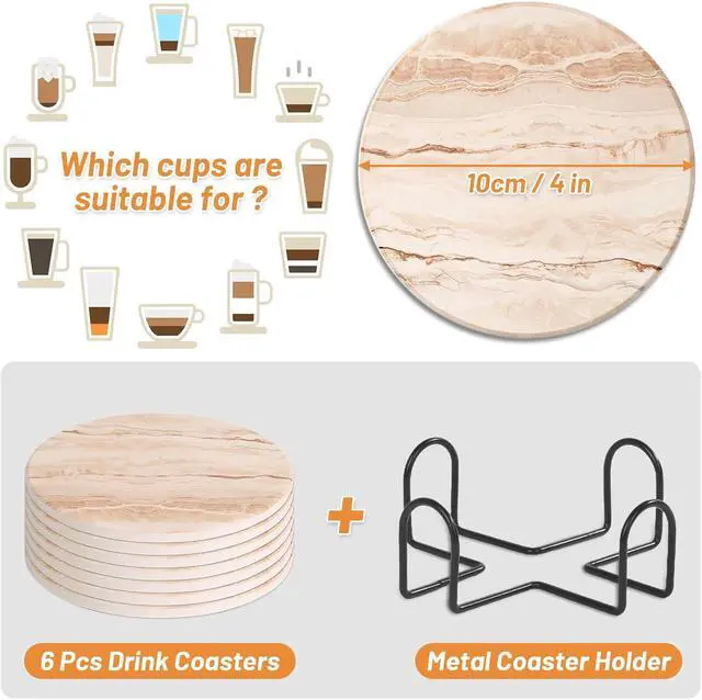 Alt view image 3 of 7 - Acejoz Drink Coasters Set of 6, Absorbent Coaster for Coffee Table Decor, Marble Style Ceramic Coaster for Home Decor, 4 Inches