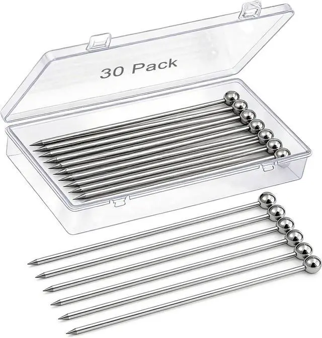 Main image of 30 Pcs Metal Cocktail Picks, AIMEIKI Stainless Steel Cocktail Skewer Reusable Martini Olive Picks Garnish Toothpick for Drinks Appetizers Fruit BBQ Snacks with Box, 4.3 inch