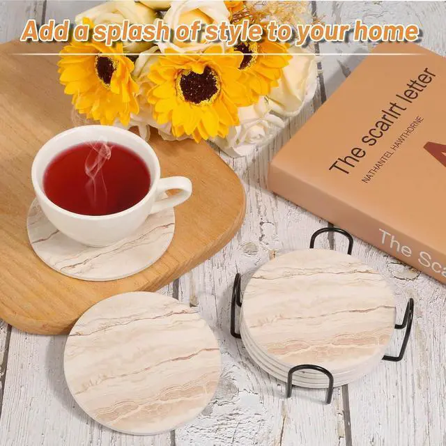 Alt view image 7 of 7 - Acejoz Drink Coasters Set of 6, Absorbent Coaster for Coffee Table Decor, Marble Style Ceramic Coaster for Home Decor, 4 Inches