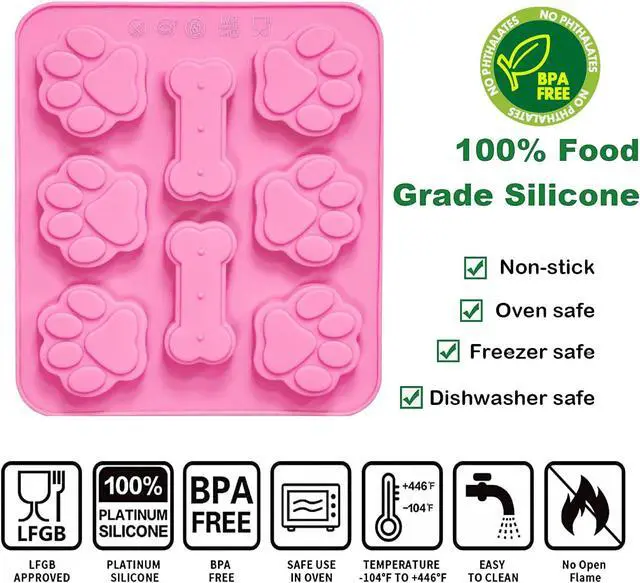 Alt view image 3 of 6 - 2 Pcs Silicone Puppy treat molds, Dog Paw and Bone Mold Ice Cube Mold, Jelly, Biscuits, Chocolate, Candy Baking Mold, Oven Microwave Freezer Dishwasher Safe-Pink & Blue (2)
