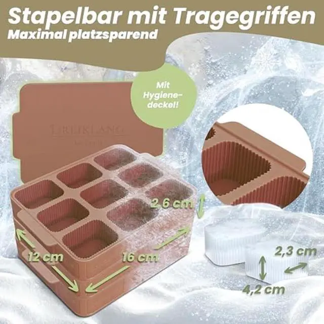 Alt view image 3 of 7 - Silicone ice cube tray with lid and handle I Stackable Small and handy large ice cubes with grooves for easy removal I Odorless and tasteless container (6,3 x 4,7 x 1,02 In)