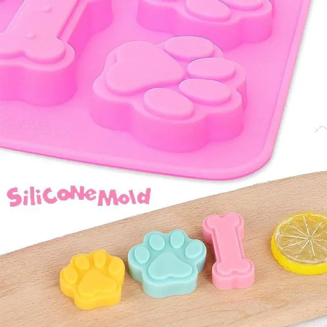 Alt view image 4 of 6 - 2 Pcs Silicone Puppy treat molds, Dog Paw and Bone Mold Ice Cube Mold, Jelly, Biscuits, Chocolate, Candy Baking Mold, Oven Microwave Freezer Dishwasher Safe-Pink & Blue (2)