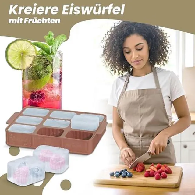Alt view image 5 of 7 - Silicone ice cube tray with lid and handle I Stackable Small and handy large ice cubes with grooves for easy removal I Odorless and tasteless container (6,3 x 4,7 x 1,02 In)