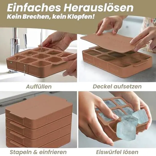 Alt view image 7 of 7 - Silicone ice cube tray with lid and handle I Stackable Small and handy large ice cubes with grooves for easy removal I Odorless and tasteless container (6,3 x 4,7 x 1,02 In)