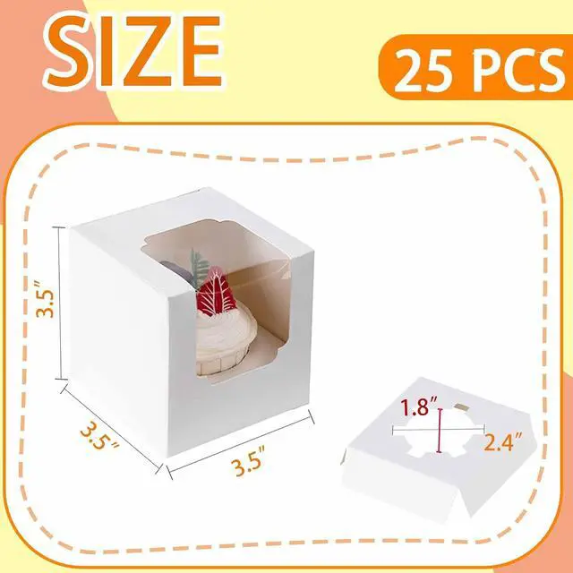 Alt view image 2 of 7 - BOOMIBOO 25 Pack Individual Cupcake Containers, Cupcake Boxes with Window | Cupcake Holders with Inserts, Stackable Deep Cupcake Carrier, Easy Transport and Presentation 3.5"×3.5"×3.5" (White)