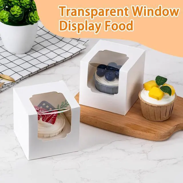 Alt view image 3 of 7 - BOOMIBOO 25 Pack Individual Cupcake Containers, Cupcake Boxes with Window | Cupcake Holders with Inserts, Stackable Deep Cupcake Carrier, Easy Transport and Presentation 3.5"×3.5"×3.5" (White)