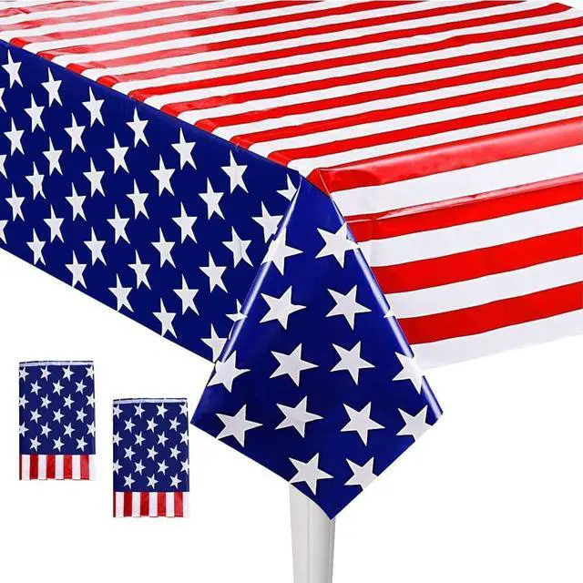Main image of 4th of July Tablecloth, 2 Pack USA Plastic Table Cover for Independence Day, Disposable Rectangular Table Cloth for 4th of July Party Supplies, 54'' x 108''