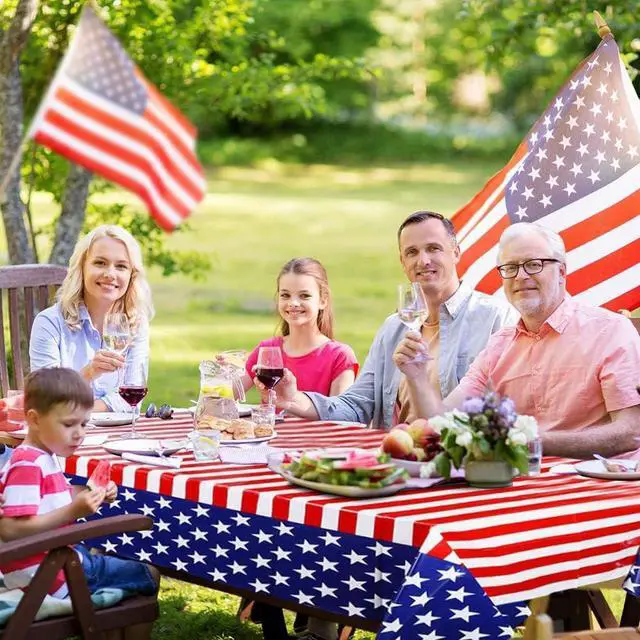 Alt view image 3 of 3 - 4th of July Tablecloth, 2 Pack USA Plastic Table Cover for Independence Day, Disposable Rectangular Table Cloth for 4th of July Party Supplies, 54'' x 108''