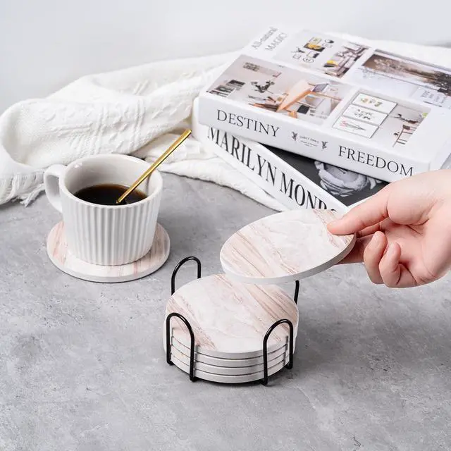 Alt view image 5 of 7 - 6Pcs Absorbent Coasters Set with Holder,Ceramic Drink Coaster,4 inA6 | Marble Style Ceramic Drink Coaster,Suitable for Kinds of Cups,Modern Style Coaster for Coffee Table