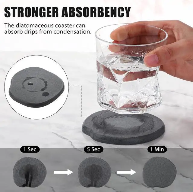 Alt view image 3 of 7 - Diatomaceous Earth Coasters Set of 4Cool Absorbent Quick-Dry Drink Coasters for Desks, Cute Modern Stone Design with Stylish Grey Aesthetic (4, Grey)