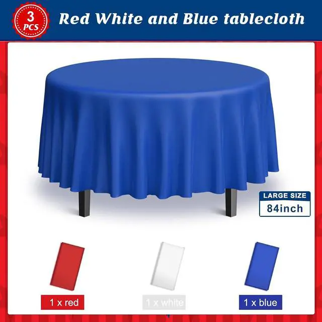 Alt view image 3 of 7 - 3 Pack 4th of July Plastic Tablecloth, Red White and Blue Patriotic Disposable Tablecloth, Round Table Cover for Independence Day Memorial Day Veterans Day 250 Anniversary USA Decorations, 84 Inch