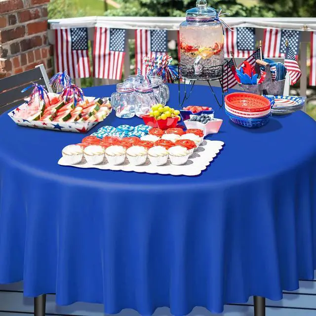 Alt view image 5 of 7 - 3 Pack 4th of July Plastic Tablecloth, Red White and Blue Patriotic Disposable Tablecloth, Round Table Cover for Independence Day Memorial Day Veterans Day 250 Anniversary USA Decorations, 84 Inch