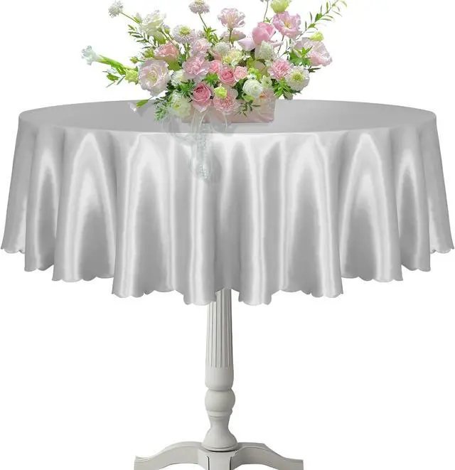 Main image of KKJIAF 1 Pack 60 Inch / 5ft Round Satin Tablecloth, Silver | Bright Silky Satin Table Cover, Wavy Edge Design, Fade-Resistant, for Wedding Buffet Parties Banquet Decoration