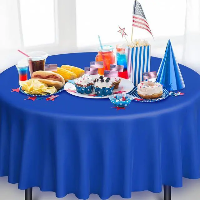 Alt view image 6 of 7 - 3 Pack 4th of July Plastic Tablecloth, Red White and Blue Patriotic Disposable Tablecloth, Round Table Cover for Independence Day Memorial Day Veterans Day 250 Anniversary USA Decorations, 84 Inch
