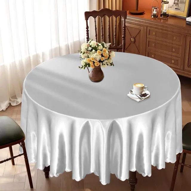 Alt view image 2 of 7 - KKJIAF 1 Pack 60 Inch / 5ft Round Satin Tablecloth, Silver | Bright Silky Satin Table Cover, Wavy Edge Design, Fade-Resistant, for Wedding Buffet Parties Banquet Decoration