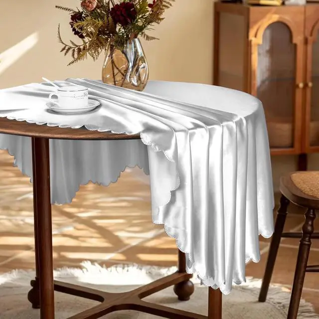 Alt view image 4 of 7 - KKJIAF 1 Pack 60 Inch / 5ft Round Satin Tablecloth, Silver | Bright Silky Satin Table Cover, Wavy Edge Design, Fade-Resistant, for Wedding Buffet Parties Banquet Decoration