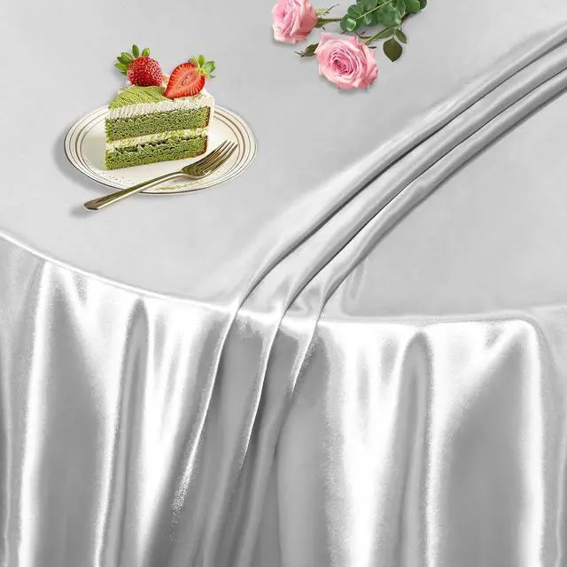 Alt view image 5 of 7 - KKJIAF 1 Pack 60 Inch / 5ft Round Satin Tablecloth, Silver | Bright Silky Satin Table Cover, Wavy Edge Design, Fade-Resistant, for Wedding Buffet Parties Banquet Decoration