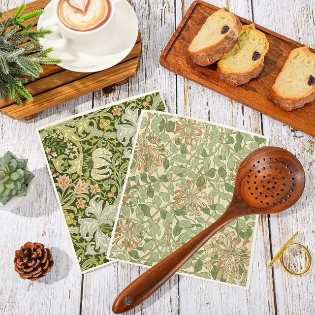 Alt view image 4 of 7 - JarThenaAMCS 6 Pcs Vintage Floral Swedish Dishcloths Retro Greenery Kitchen Towels Botanical Reusable Cotton Absorbent Dish Towels for Home Housewarming Cleaning, 7 x 8 Inch