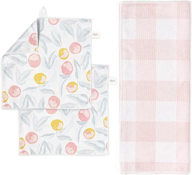 Main image of ELYN Microfiber Kitchen Dish Towel & Dish Cloth Set, Quick-Dry & Absorbent Waffle Weave Cleaning Cloths, Set of One Kitchen Towel & Two Washcloths, Paper Towels Alternative (Oranges & Gingham)