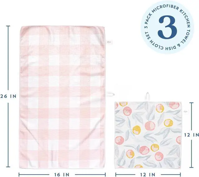 Alt view image 2 of 6 - ELYN Microfiber Kitchen Dish Towel & Dish Cloth Set, Quick-Dry & Absorbent Waffle Weave Cleaning Cloths, Set of One Kitchen Towel & Two Washcloths, Paper Towels Alternative (Oranges & Gingham)