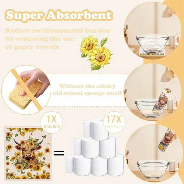 Alt view image 2 of 7 - Swedish Dishcloths for Kitchen, 6 Pack Sunflower Highland Cow Swedish Dish Cloths for Washing Dishes, Reusable Washable Absorbent Dish Towels for Home Kitchen Cleaning Quick Drying