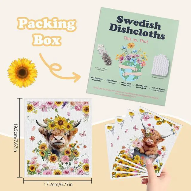 Alt view image 3 of 7 - Swedish Dishcloths for Kitchen, 6 Pack Sunflower Highland Cow Swedish Dish Cloths for Washing Dishes, Reusable Washable Absorbent Dish Towels for Home Kitchen Cleaning Quick Drying