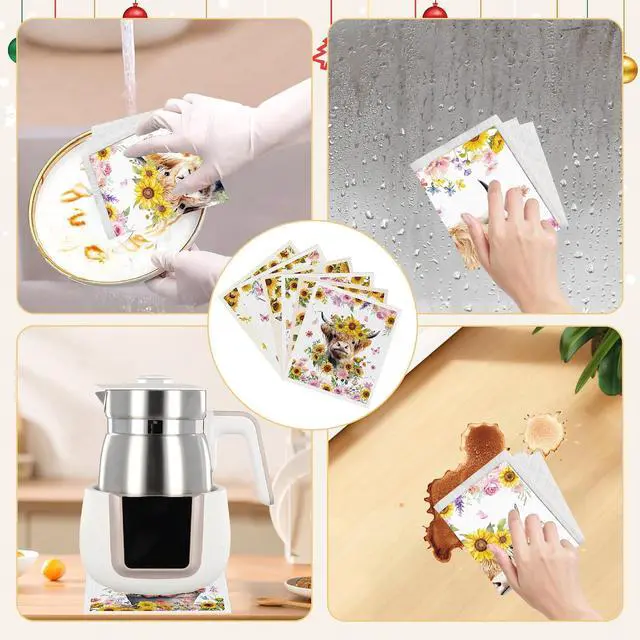 Alt view image 6 of 7 - Swedish Dishcloths for Kitchen, 6 Pack Sunflower Highland Cow Swedish Dish Cloths for Washing Dishes, Reusable Washable Absorbent Dish Towels for Home Kitchen Cleaning Quick Drying