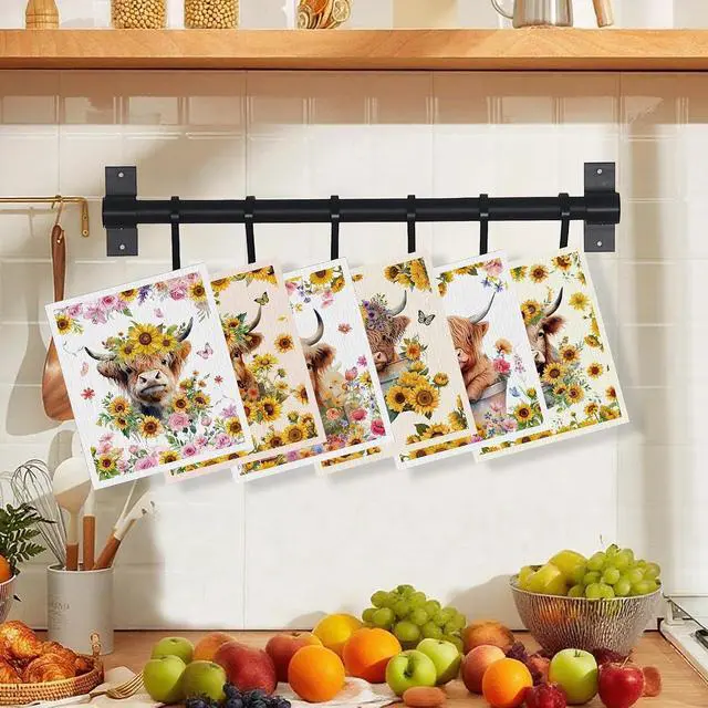 Alt view image 5 of 7 - Swedish Dishcloths for Kitchen, 6 Pack Sunflower Highland Cow Swedish Dish Cloths for Washing Dishes, Reusable Washable Absorbent Dish Towels for Home Kitchen Cleaning Quick Drying