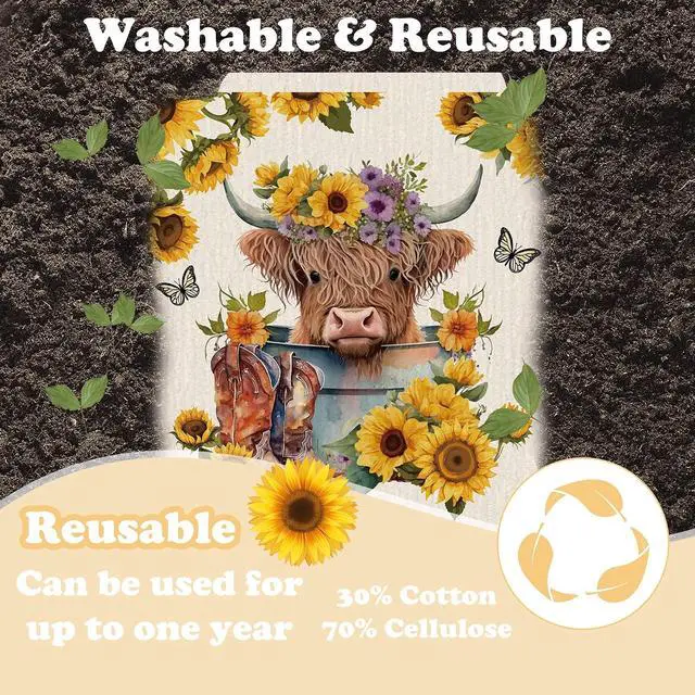 Alt view image 4 of 7 - Swedish Dishcloths for Kitchen, 6 Pack Sunflower Highland Cow Swedish Dish Cloths for Washing Dishes, Reusable Washable Absorbent Dish Towels for Home Kitchen Cleaning Quick Drying