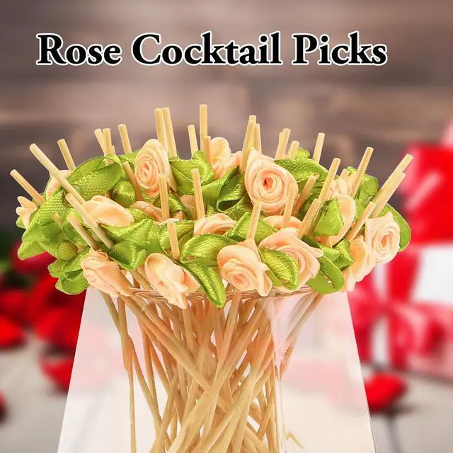 Alt view image 4 of 7 - 100pcs Pink Rose Flower Cocktail Picks 4.7 Inch, Valentine Decorations Toothpicks for Appetizers Bamboo Fruit Skewers Food Picks for Wedding Valentine Holiday Party Decoration (Pink)