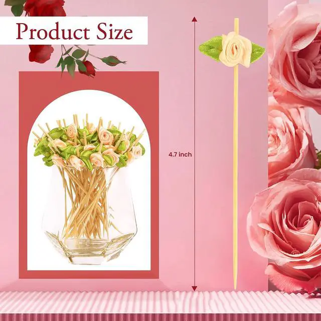 Alt view image 2 of 7 - 100pcs Pink Rose Flower Cocktail Picks 4.7 Inch, Valentine Decorations Toothpicks for Appetizers Bamboo Fruit Skewers Food Picks for Wedding Valentine Holiday Party Decoration (Pink)