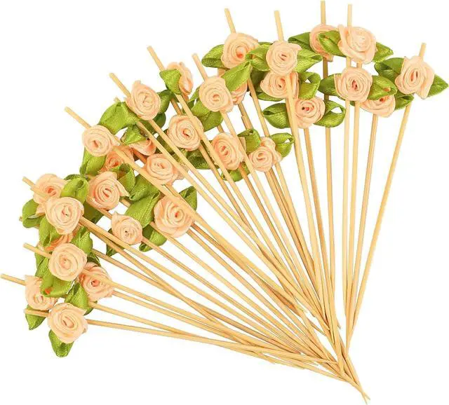 Main image of 100pcs Pink Rose Flower Cocktail Picks 4.7 Inch, Valentine Decorations Toothpicks for Appetizers Bamboo Fruit Skewers Food Picks for Wedding Valentine Holiday Party Decoration (Pink)