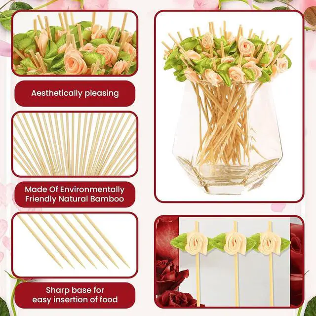 Alt view image 3 of 7 - 100pcs Pink Rose Flower Cocktail Picks 4.7 Inch, Valentine Decorations Toothpicks for Appetizers Bamboo Fruit Skewers Food Picks for Wedding Valentine Holiday Party Decoration (Pink)