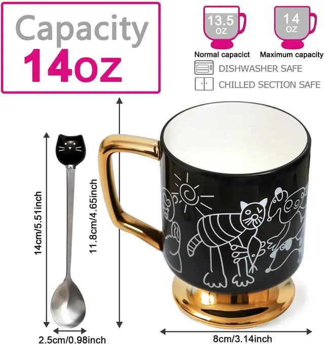 Alt view image 2 of 7 - Christmas Mugs Whimsical Animal Ceramic fun Coffee Mug 14oz Childlike Hand-Drawn Cat, Dog & Bear Design Cute gothic Coffee Cup Gift for Women, Girls, Kids (Black)