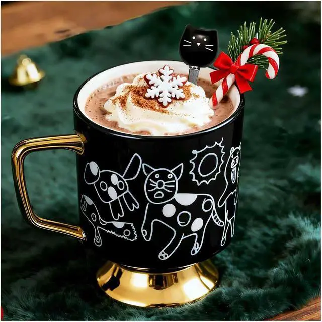 Alt view image 3 of 7 - Christmas Mugs Whimsical Animal Ceramic fun Coffee Mug 14oz Childlike Hand-Drawn Cat, Dog & Bear Design Cute gothic Coffee Cup Gift for Women, Girls, Kids (Black)