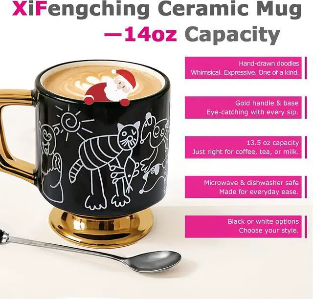 Alt view image 4 of 7 - Christmas Mugs Whimsical Animal Ceramic fun Coffee Mug 14oz Childlike Hand-Drawn Cat, Dog & Bear Design Cute gothic Coffee Cup Gift for Women, Girls, Kids (Black)