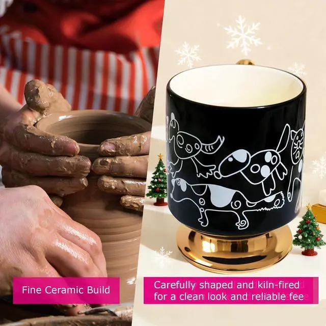 Alt view image 6 of 7 - Christmas Mugs Whimsical Animal Ceramic fun Coffee Mug 14oz Childlike Hand-Drawn Cat, Dog & Bear Design Cute gothic Coffee Cup Gift for Women, Girls, Kids (Black)