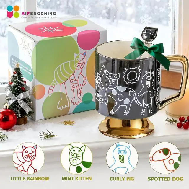 Alt view image 7 of 7 - Christmas Mugs Whimsical Animal Ceramic fun Coffee Mug 14oz Childlike Hand-Drawn Cat, Dog & Bear Design Cute gothic Coffee Cup Gift for Women, Girls, Kids (Black)