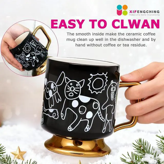 Alt view image 5 of 7 - Christmas Mugs Whimsical Animal Ceramic fun Coffee Mug 14oz Childlike Hand-Drawn Cat, Dog & Bear Design Cute gothic Coffee Cup Gift for Women, Girls, Kids (Black)
