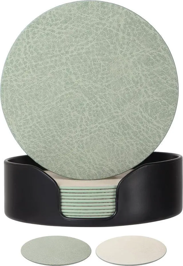 Main image of Leetaltree Reversible Leather Coasters Set of 12 with Holder, 4" Round Waterproof Heat-Resistant Non-Slip Cup Mats for Coffee Table, Bar & Dining Room