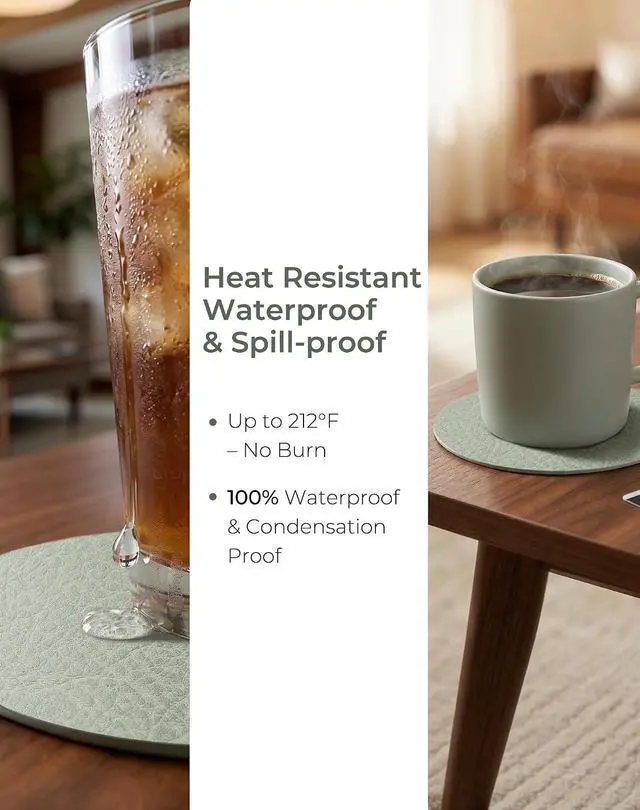 Alt view image 3 of 7 - Leetaltree Reversible Leather Coasters Set of 12 with Holder, 4" Round Waterproof Heat-Resistant Non-Slip Cup Mats for Coffee Table, Bar & Dining Room