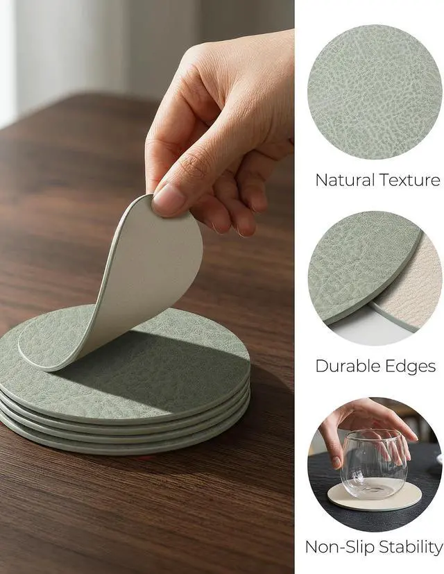 Alt view image 4 of 7 - Leetaltree Reversible Leather Coasters Set of 12 with Holder, 4" Round Waterproof Heat-Resistant Non-Slip Cup Mats for Coffee Table, Bar & Dining Room